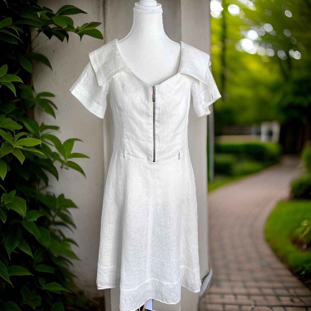 White Zip-Front Linen A-Line Dress